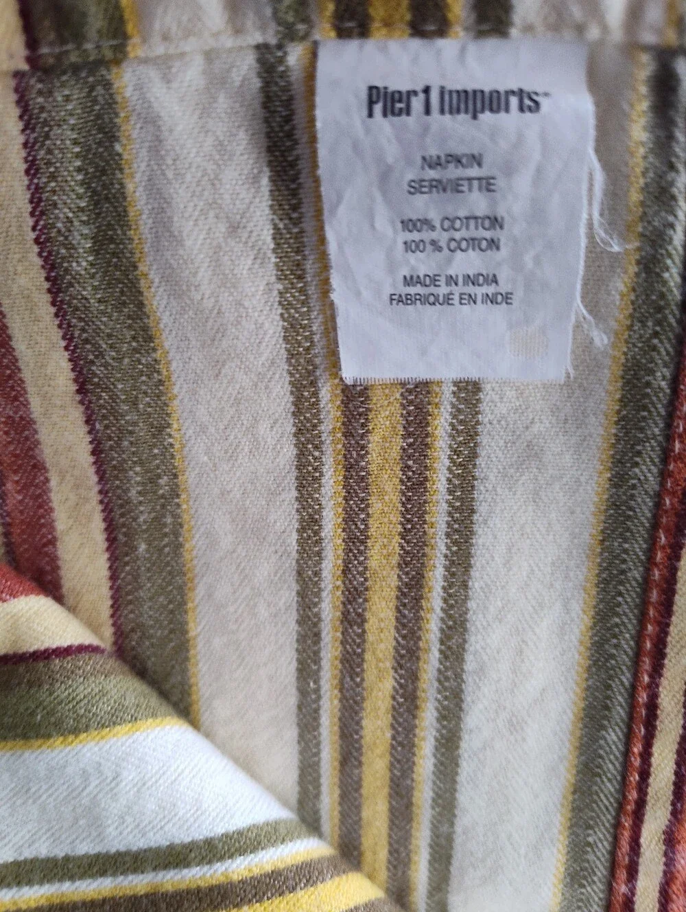 Set of 4 Pier 1 Imports Striped Cloth Napkins 20x21 Red Gold Green Cotton Table